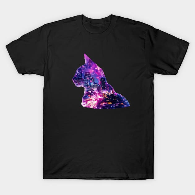 Cat and city double exposure effect T-Shirt by AnnArtshock